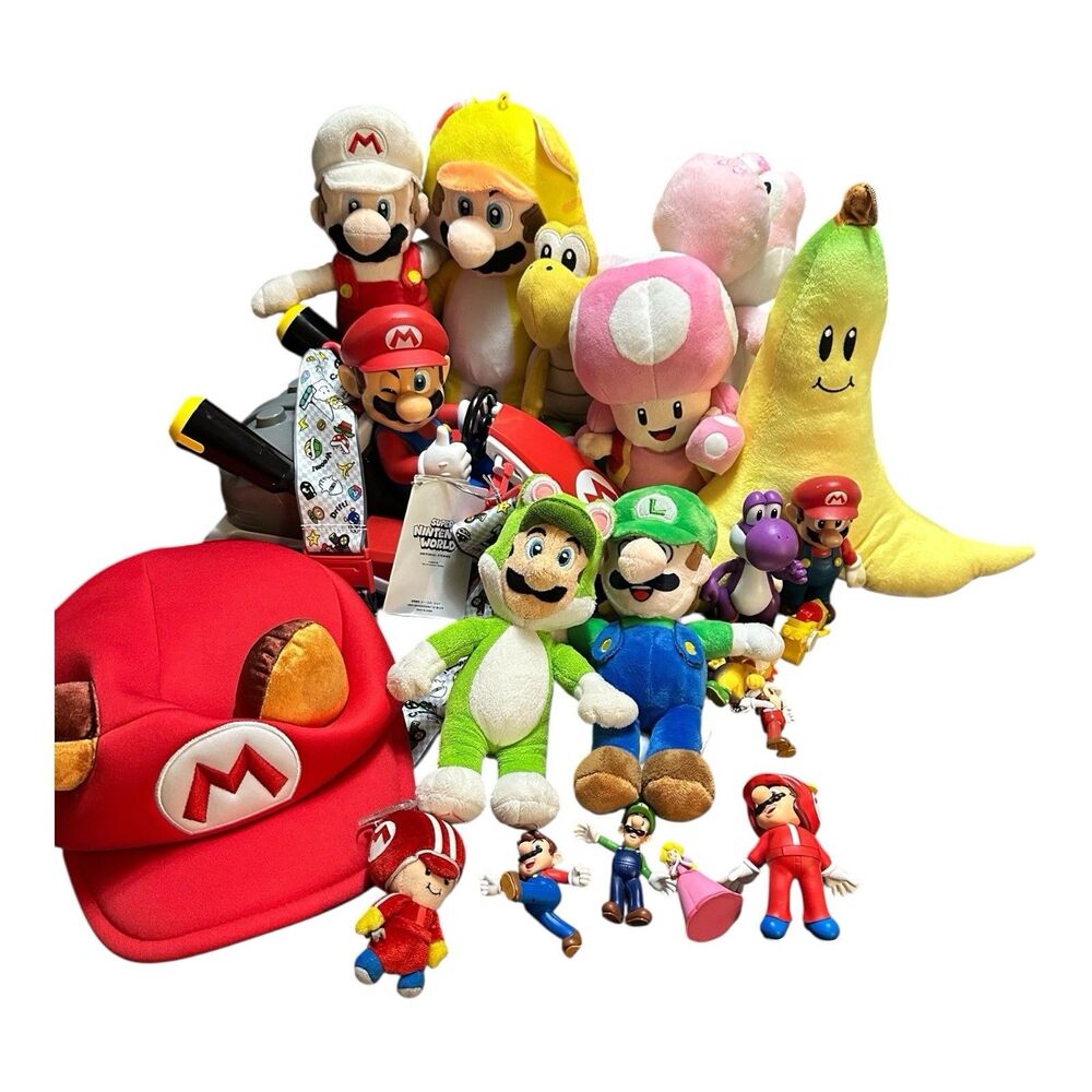 Super Mario Bros Plushies Lot, figures and popcorn bucket, Various Sizes